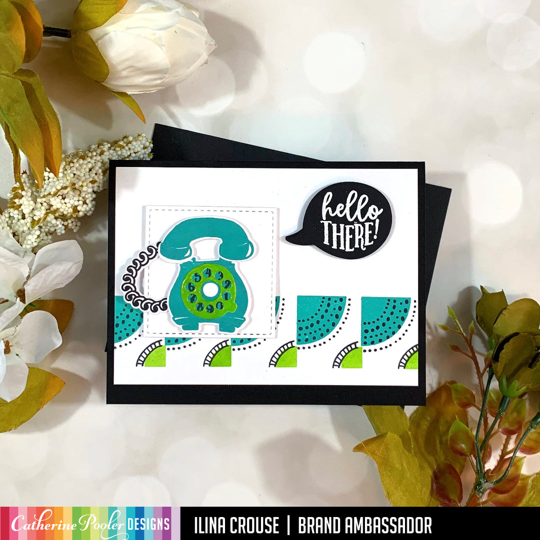 Black speech bubble with lime rickey and aquatini rotary phone and geocurves border