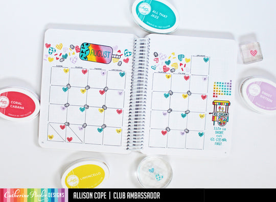 August monthly calendar canvo spread with popsicle and hearts