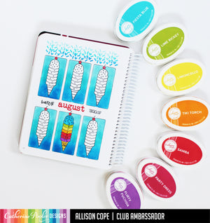 August water tracker canvo spread with ice cream cones and blue ink blended backgrounds