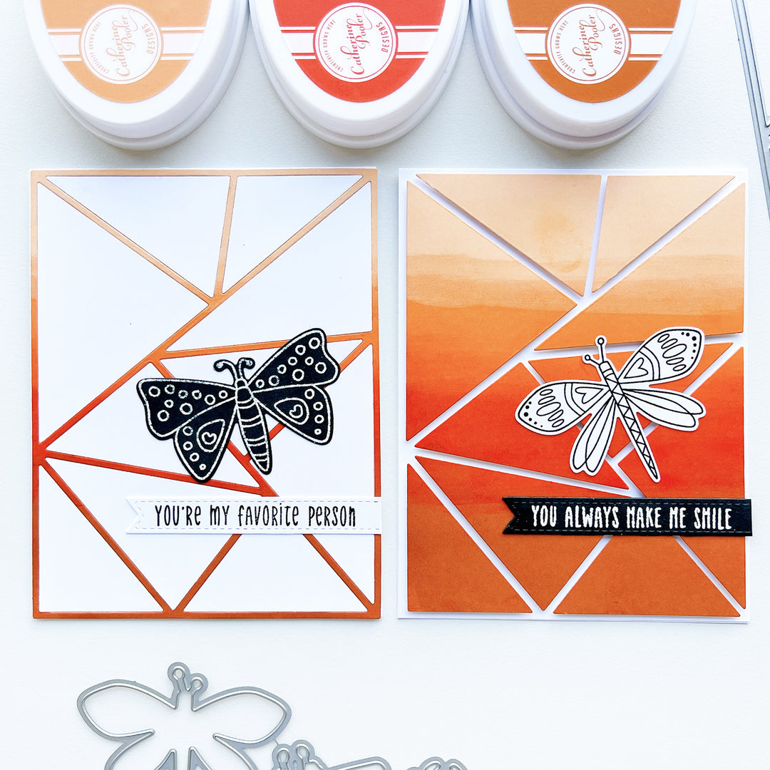 Favorite & Smile cards using Night in Flight stamps and dies, Capture the Flag cover plate die, Notes of Love Sentiments stamps and dies, Apricot, Terracotta, and Ginger ink pads