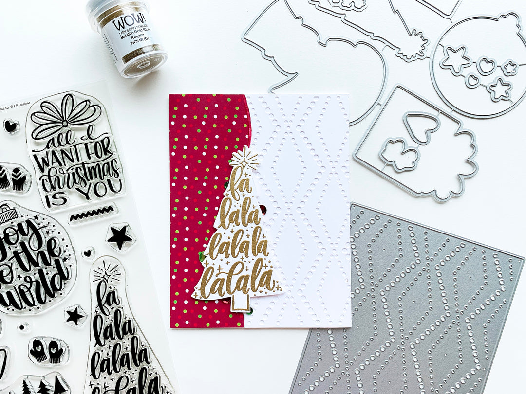 Gold embossed christmas tree on dotted zig zag and patterned paper backgrounds