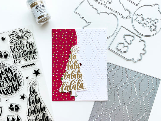 Gold embossed christmas tree on dotted zig zag and patterned paper backgrounds