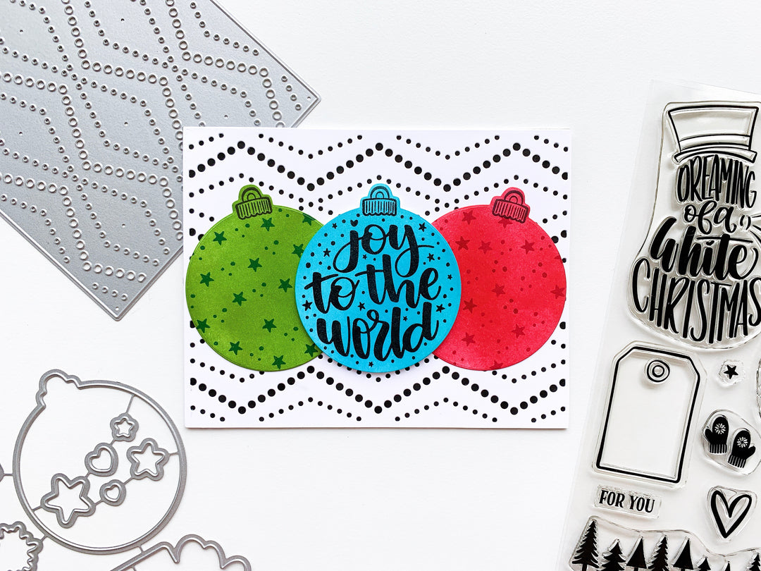 Dotted Zig Zag Cover Plate Die with green, blue, and red ornaments