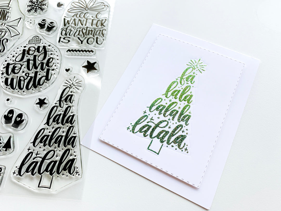 Ombre Green embossed christmas tree on white background