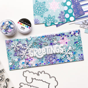 greetings slimline card with scrolling snowflakes and aspen sequins