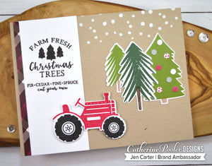 Tractor and Pine trees with farm fresh christmas trees sign on brown cardboard