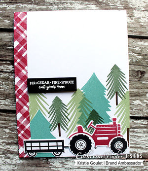 Christmas trees and tractor with red and white plaid border