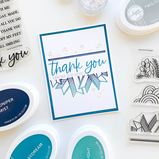 Script Thank you in blue over Classy Trims banners