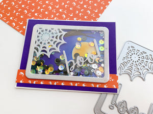 Cobweb Mini Cover Plate Die shaker card with purple and orange background