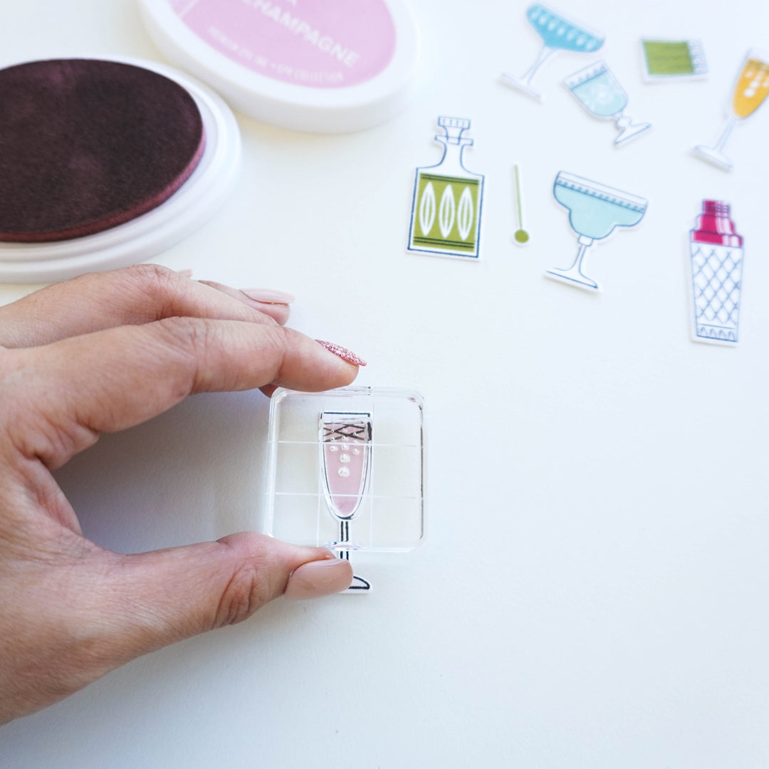 Cocktail Party Stamp on an Acrylic Block being stamped