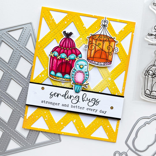 Sending hugs card using Lovebirds stamp set and dies, Cross your X's Cover Plate dies and Midnight ink pad.