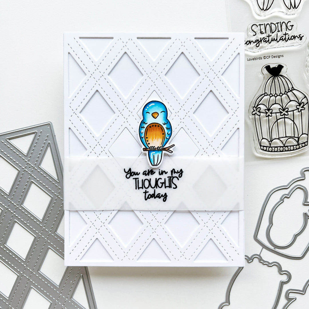 In my thoughts card using Lovebirds stamp set and dies, Cross your X's Cover plate die and Midnight ink pad.