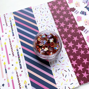 Highland Sequins over Cupcakes and Candles Patterned Paper