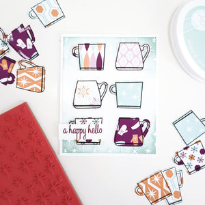 a happy hello with mug stamps and shining star background