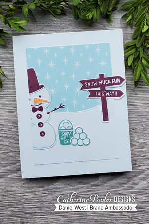Snowman with snowballs and this way sign on blue and white star background