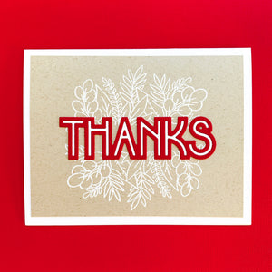 Deco Thanks with red layer on white floral classy trims card