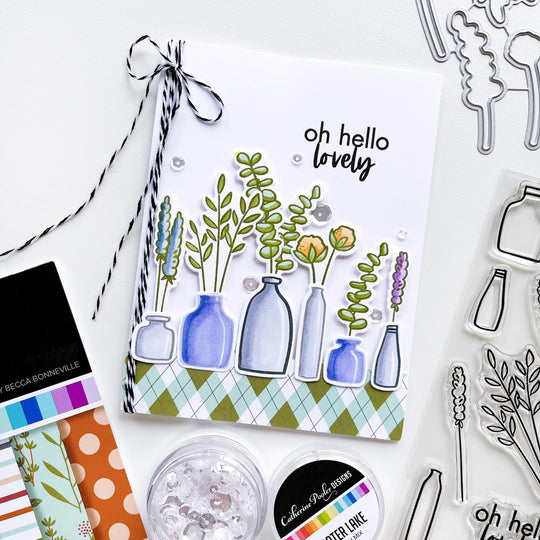Hello Lovely card using Gardener's Notebook patterned paper, Dried Treasures stamp set, Dried Treasures dies, and Crater Lake sequins