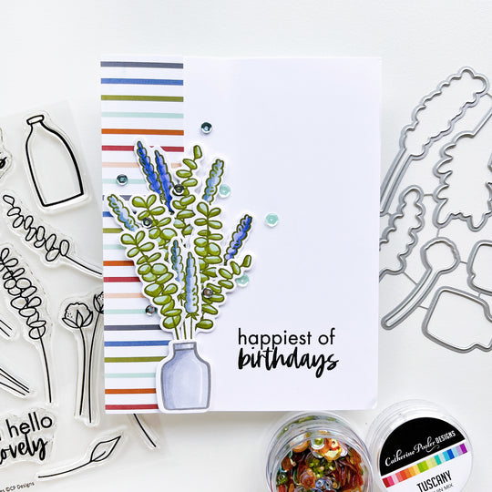 Happiest Birthday card using Gardener's Notebook patterned paper, Dried Treasures stamps and dies and Tuscany sequins