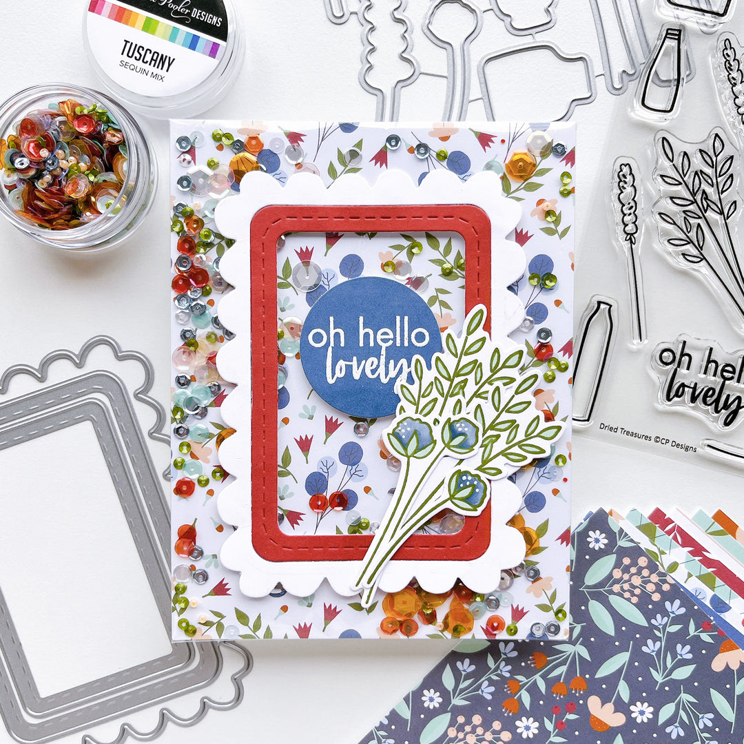 Hello Lovely card using Gardener's Notebook patterned paper, Skyscape mini cover plate die, Dried Treasures stamps and dies and Tuscany sequins