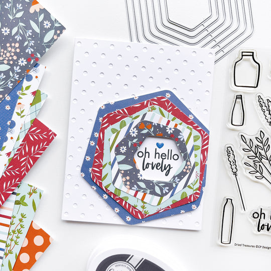 Hello Lovely card using Polka Dot Cover plate die, Gardener's Notebook patterned paper, Nested Hexagon dies, and Midnight ink pad