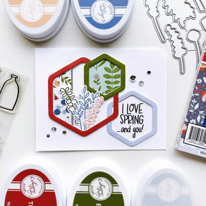 Love Spring card using Nested Hexagons dies, Gardener's Notebook patterned paper, Dried Treasures stamp set, Dried Treasures dies, Terracotta, Eucalyptus, Tranquil, Apricot, Cove Blue and Midnight ink pads 