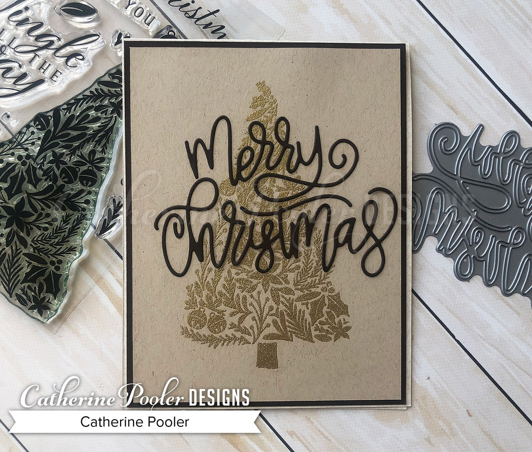 Merry Christmas word die over gold embossed Christmas tree