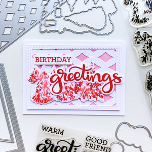 birthday greetings card with evergreen woods