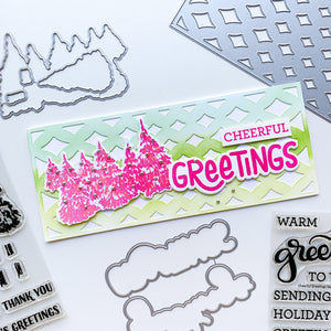 cheerful greetings slimline card with evergreen woods