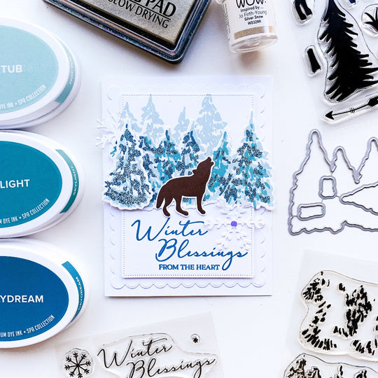 winter blessings card with evergreen woods stamp