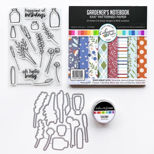 Dried Treasures stamp and die sets, Gardener's Notebook patterned paper and Tuscany sequins