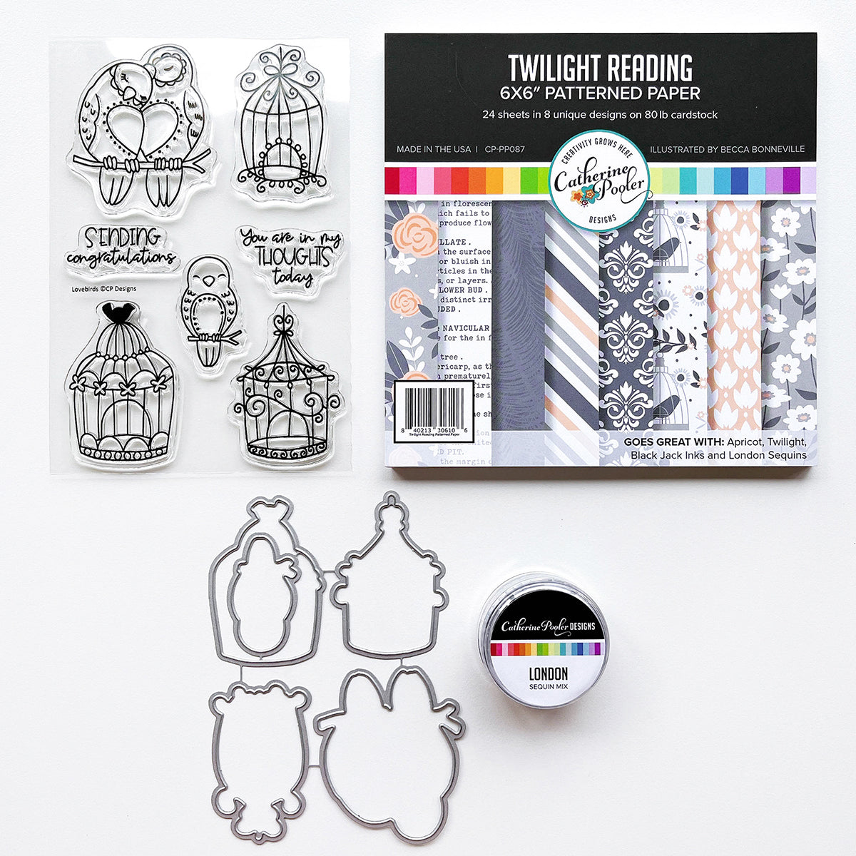 In the Parlor bundle includes Twilight Reading 6X6 patterned paper, Lovebirds stamp set, Lovebirds dies and London sequins