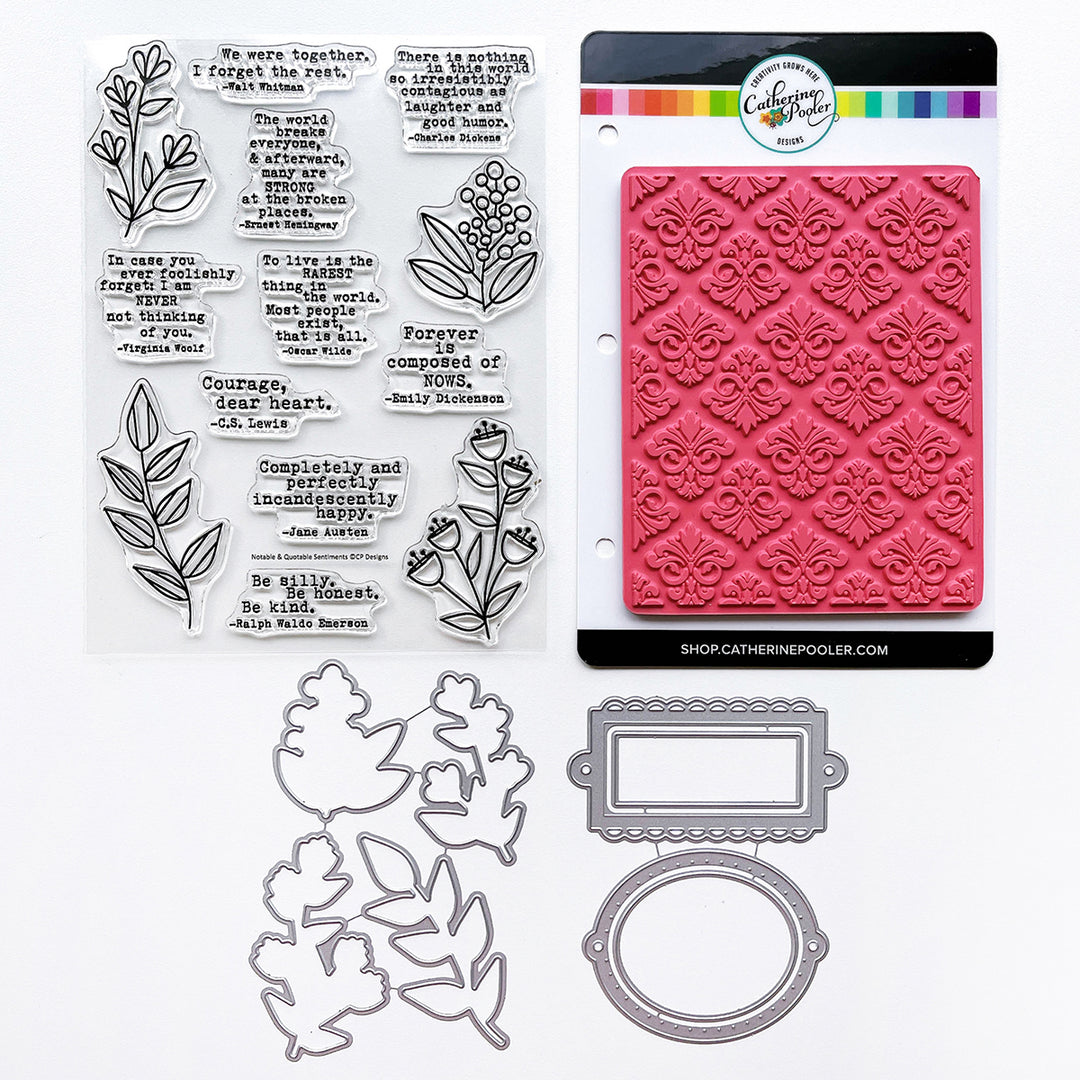 From the Library bundle includes Notable & Quotable Sentiments Stamp Set, Filigree Background Stamp, Notable Floral Dies and Ex Libris Dies
