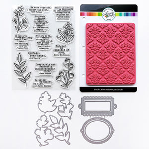 From the Library bundle includes Notable & Quotable Sentiments Stamp Set, Filigree Background Stamp, Notable Floral Dies and Ex Libris Dies