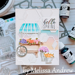 Hello Spring sentiment with flower cart on hexagon background