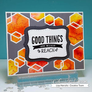 Good Things Are Within Reach Sentiment with grey and orange hexagon background