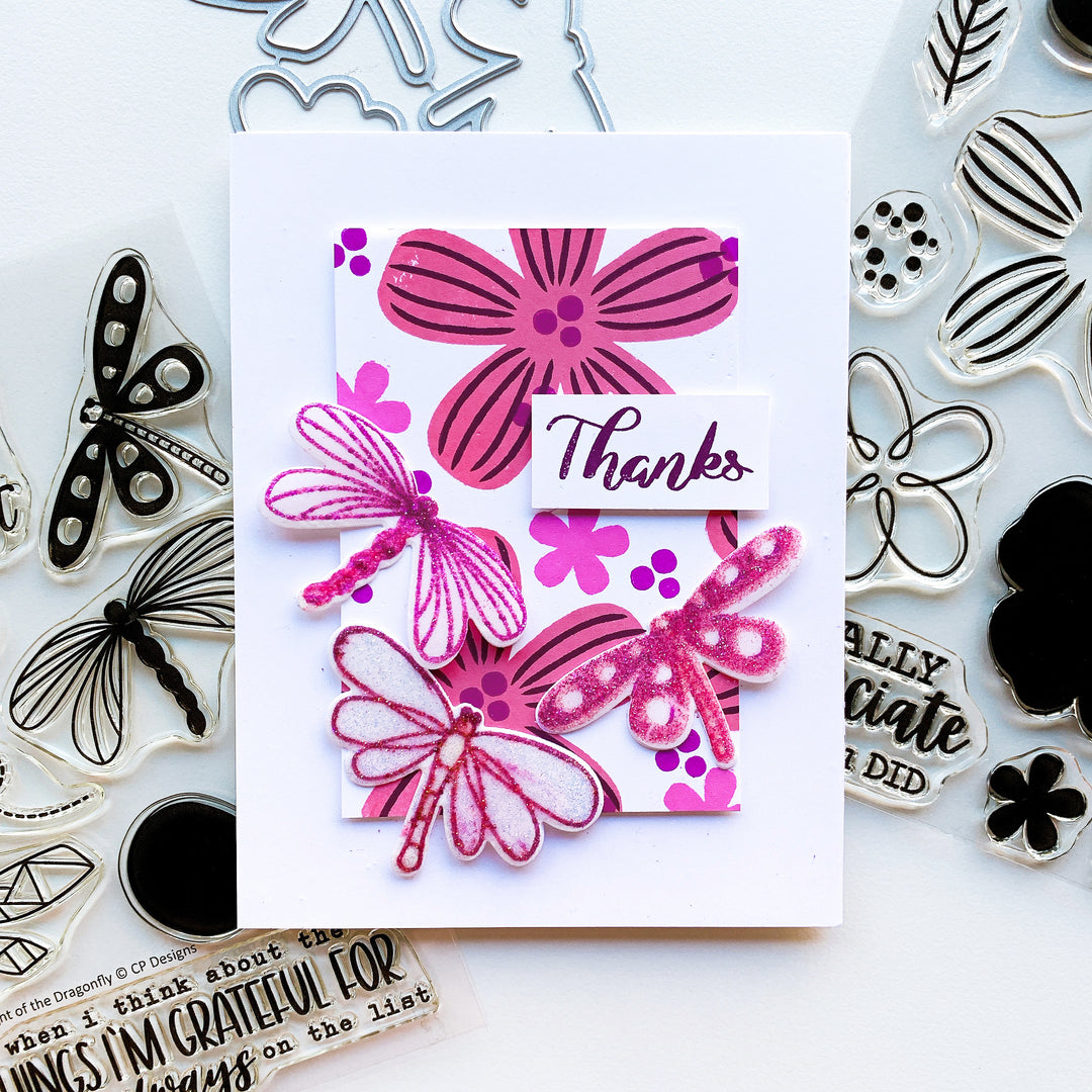 thanks card with big blossoms and dragonflies