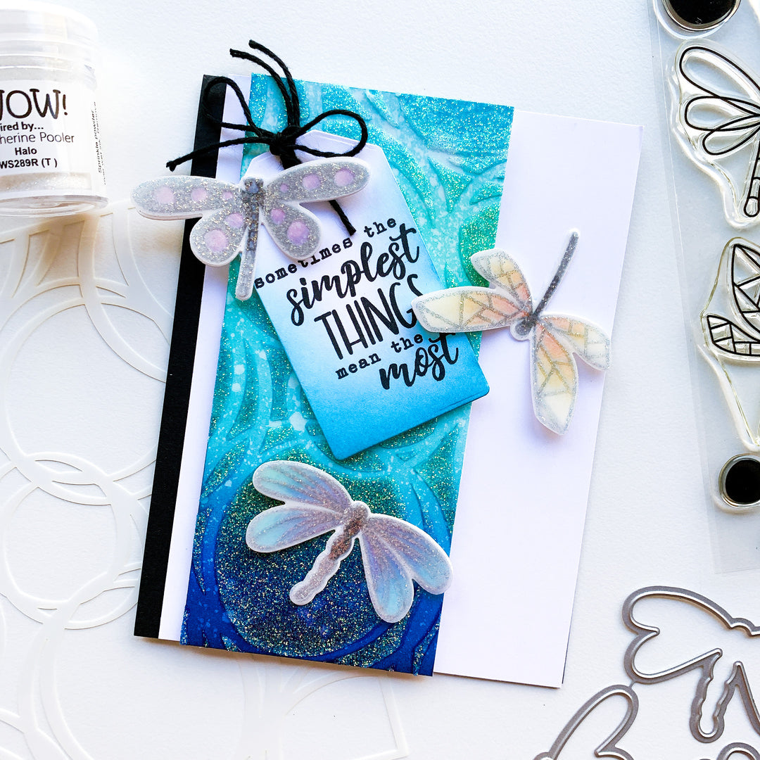 card with scribbled circles and dragonflies