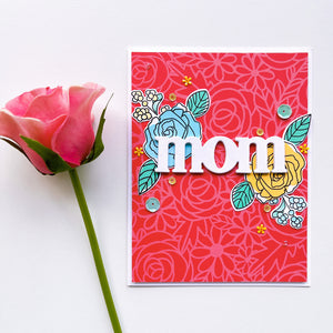 Mom card made with Coral Cabana & Be Mine floral from Happy Mama patterned paper plus Mom die cut and Fresh Picked Floral stamp set