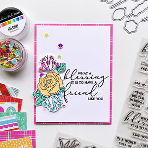 Blessing card using Be Mine plaid paper, Fresh Picked Floral and Mothers and Daughters Sentiments stamp sets, and Helsinki sequins