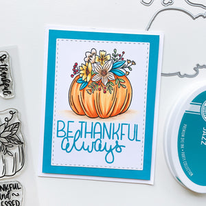 Be thankful always sentiment with pumpkin and blue border