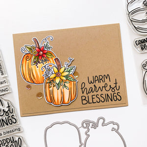 Warm Harvest blessings sentiment with front porch pumpkins on brown cardstock