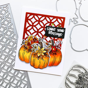 Three pumpkins over sitting pretty lattice background card