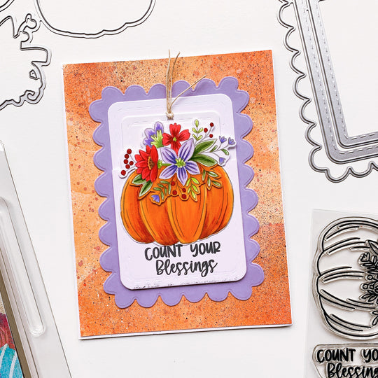 Front porch pumpkin with count your blessings stamp and purple border