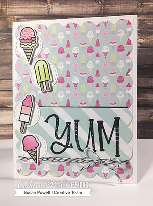 Yum sentiment with ice cream cone and popsicles background