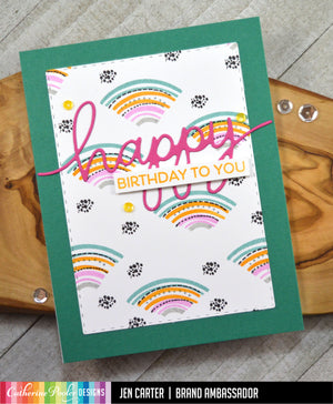 Happy birthday to you sentiment with GeoCurves Stamp Set background and green border