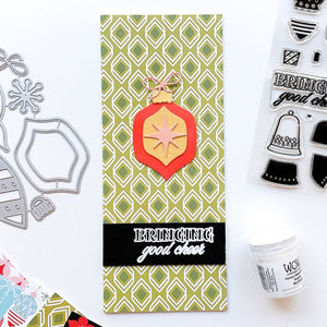 slimline card with retro ornaments with grandma's attic patterned paper