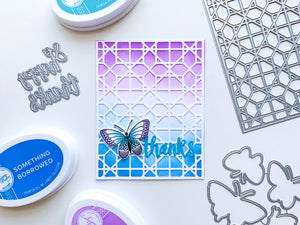 Thanks sentiment with butterfly and trellis die background