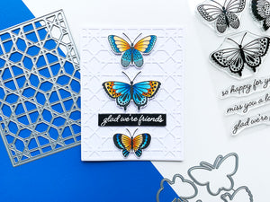 Blue and orange butterfly with trellis background die and gold we're friends sentiment