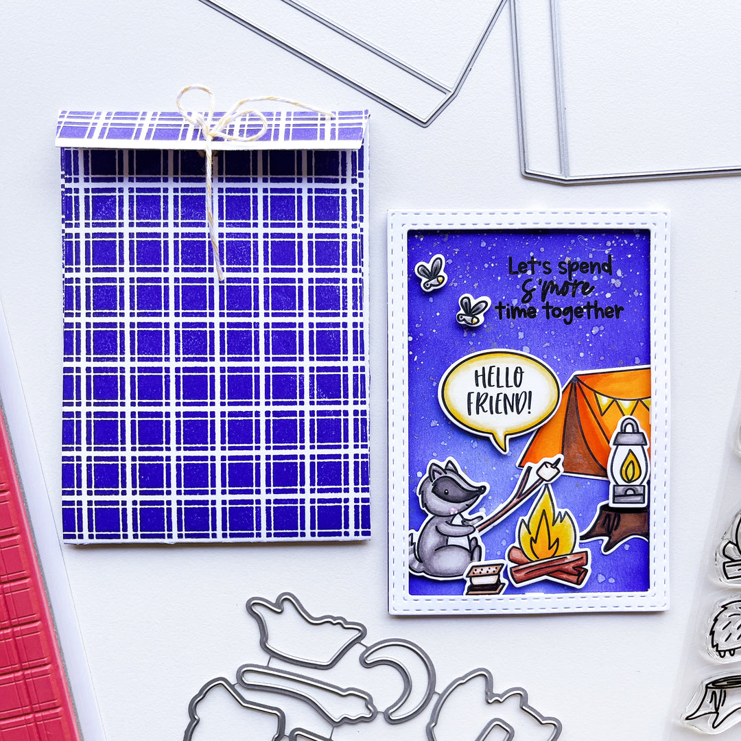 Hello Friend card and envelope using Happy Camper stamps & dies, Notecard Frame & Tag dies, Cozy Plaid Background stamp, Notecard Envelope die, Critter Crew stamps & dies, Midnight and assorted ink pads.