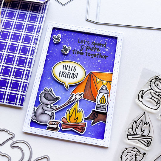 Hello Friend card using Happy Camper Stamps and dies, Notebook Frame and Tag dies, Critter Crew stamps and dies, Midnight and assorted ink pads.